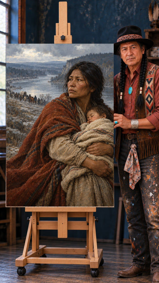 Native American woman in a red blanket holding a sleeping baby, looking toward a river valley with riders and wagons.