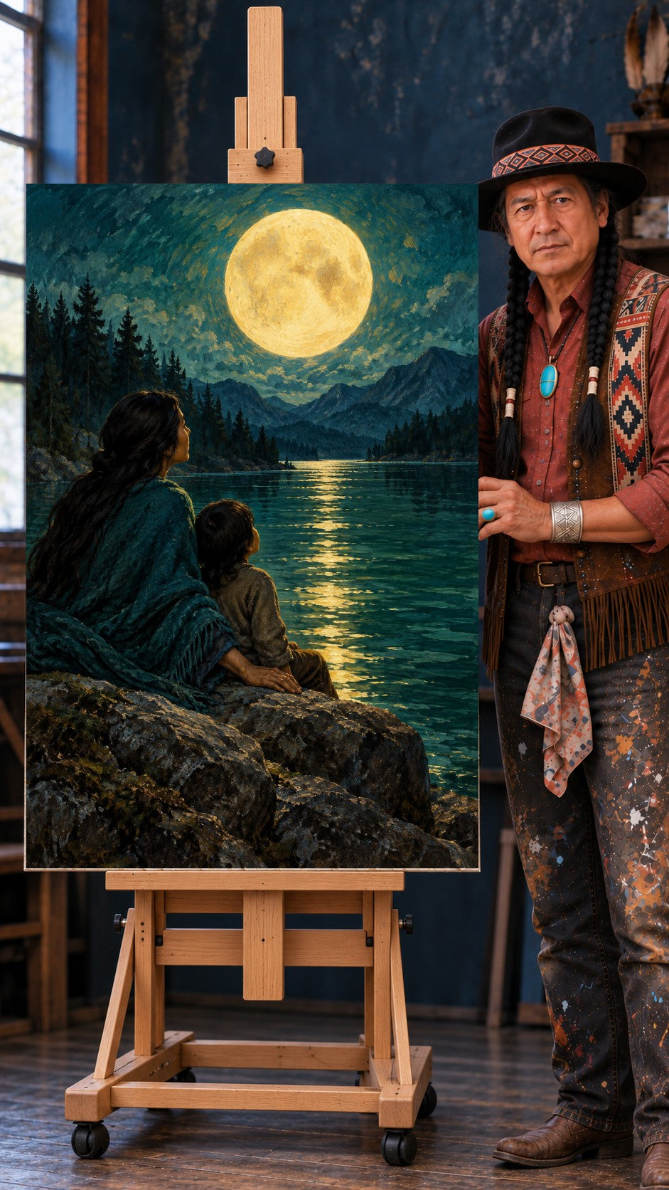 Native woman and child on rocks by a lake at night, watching a full moon over pine trees and mountains