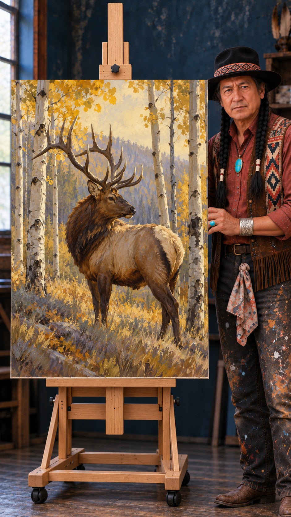 Bull elk with large antlers standing among golden-yellow aspen trees in autumn, painted wildlife scene