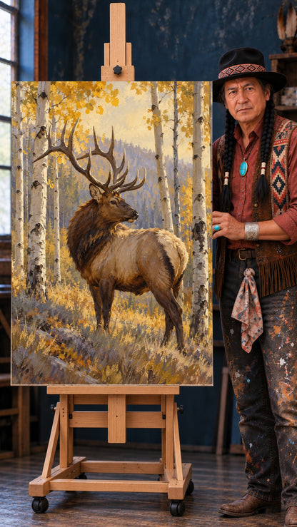 Bull elk with large antlers standing among golden-yellow aspen trees in autumn, painted wildlife scene