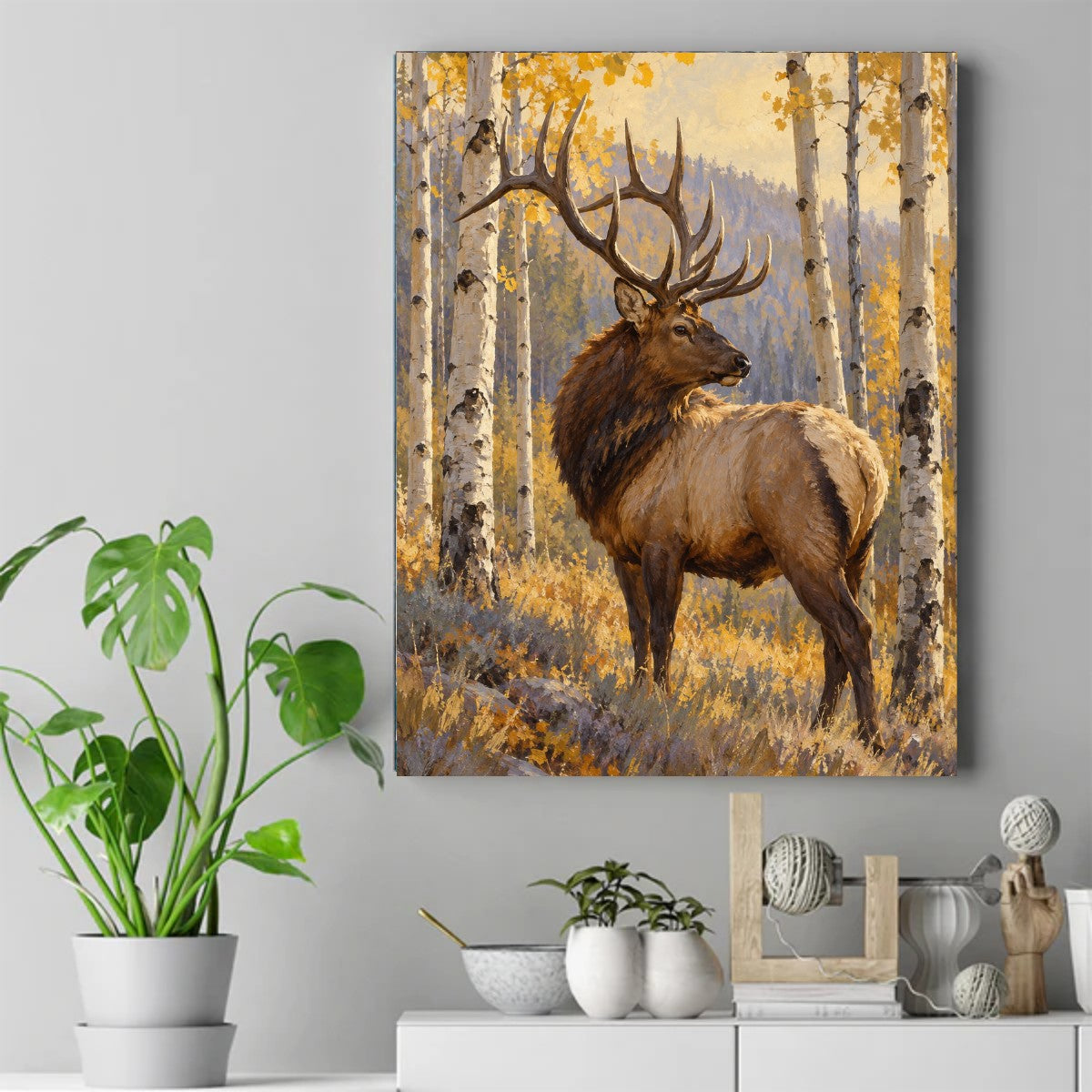 Bull elk with large antlers standing among golden-yellow aspen trees in autumn, painted wildlife scene – ảnh 2