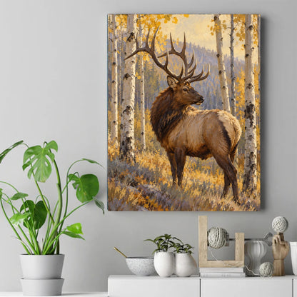 Bull elk with large antlers standing among golden-yellow aspen trees in autumn, painted wildlife scene – ảnh 2