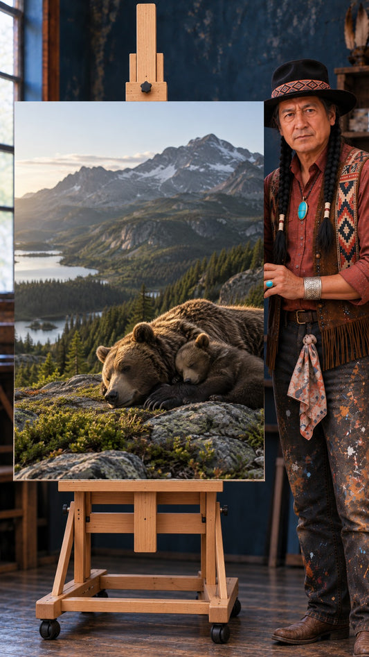 Mother bear lying on a mossy rock with her cub tucked against her neck, pine forest and snowy mountains behind