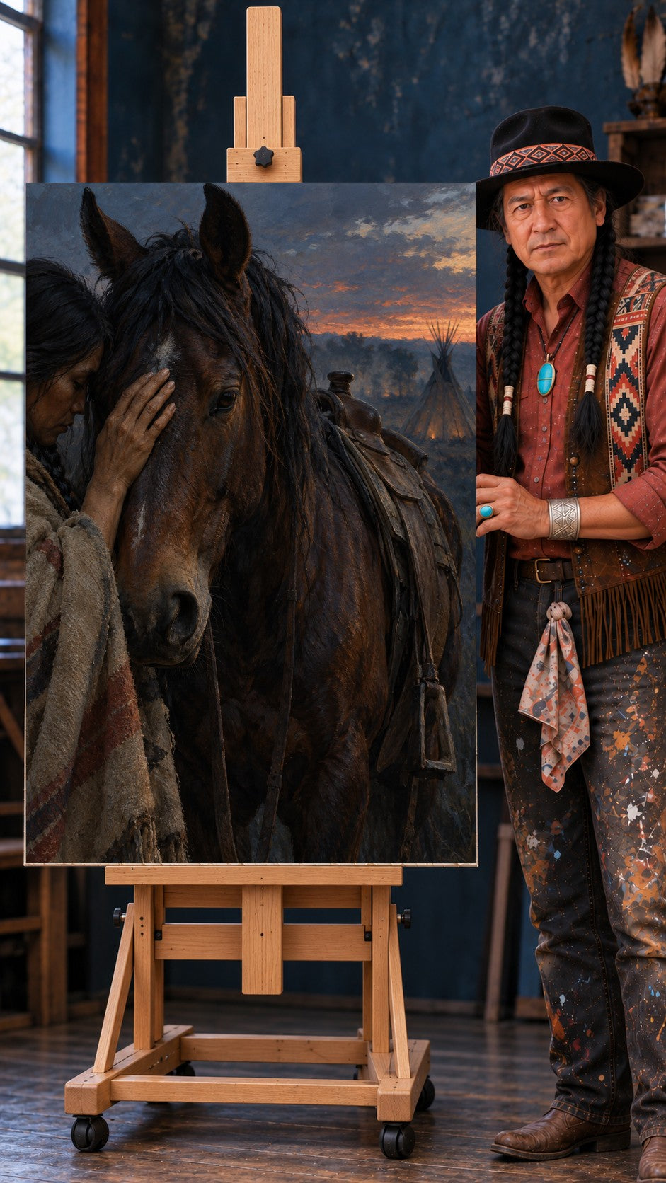 Native woman in a striped blanket gently touching the face of a brown horse with a white blaze at sunset, tipi behind