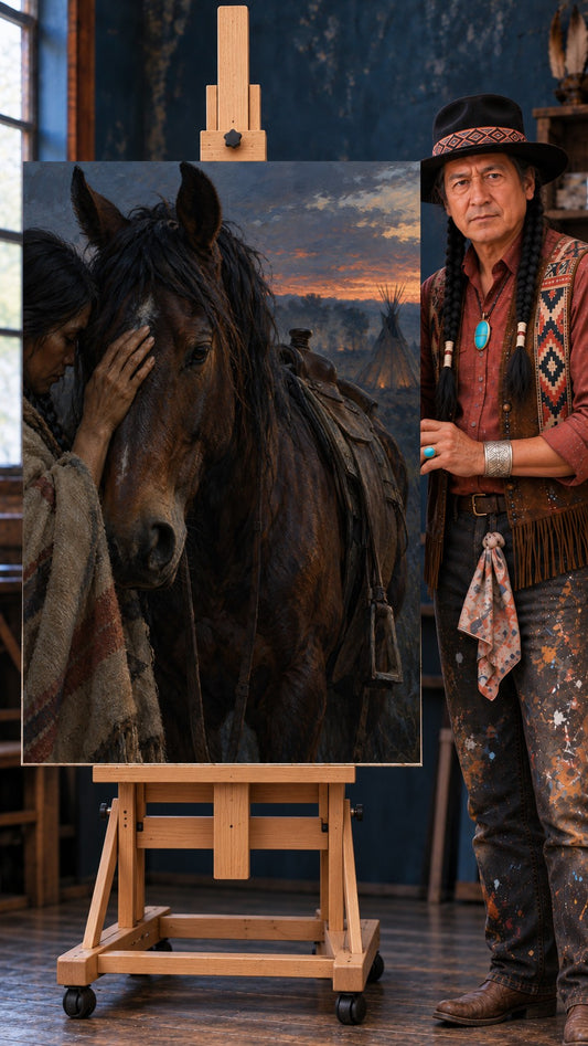 Native woman in a striped blanket gently touching the face of a brown horse with a white blaze at sunset, tipi behind
