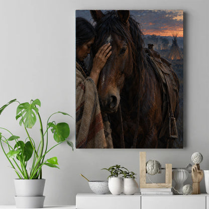 Native woman in a striped blanket gently touching the face of a brown horse with a white blaze at sunset, tipi behind – ảnh 2