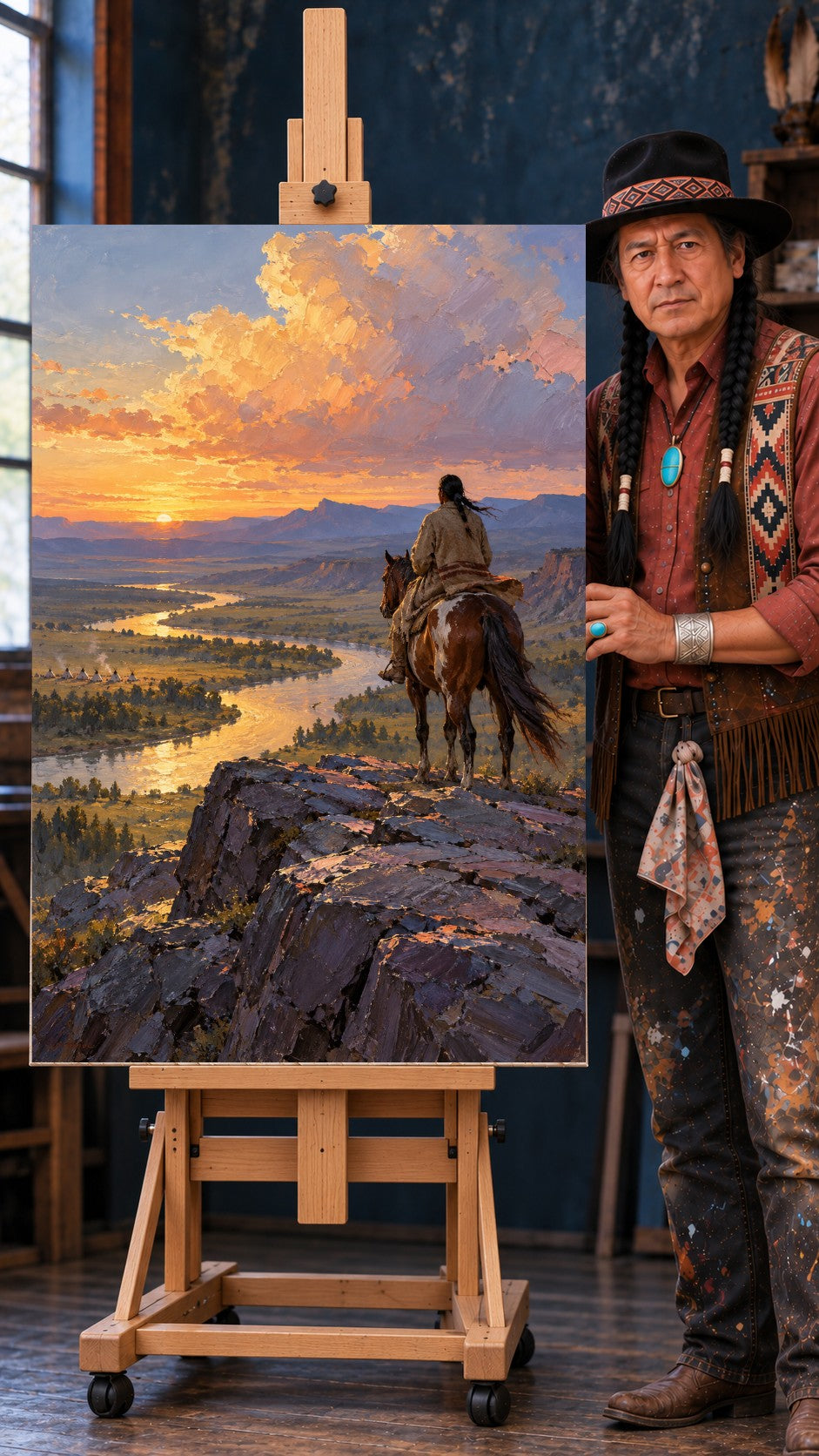 Native American rider on a brown horse overlooking a sunset river valley with tipi camps and golden clouds