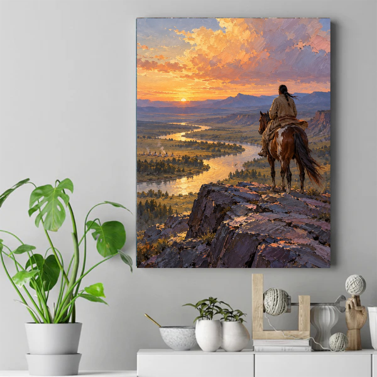 Native American rider on a brown horse overlooking a sunset river valley with tipi camps and golden clouds – ảnh 2