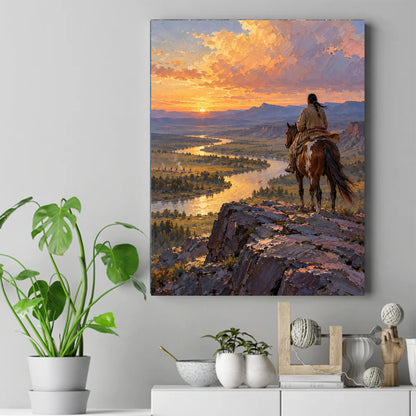 Native American rider on a brown horse overlooking a sunset river valley with tipi camps and golden clouds – ảnh 2