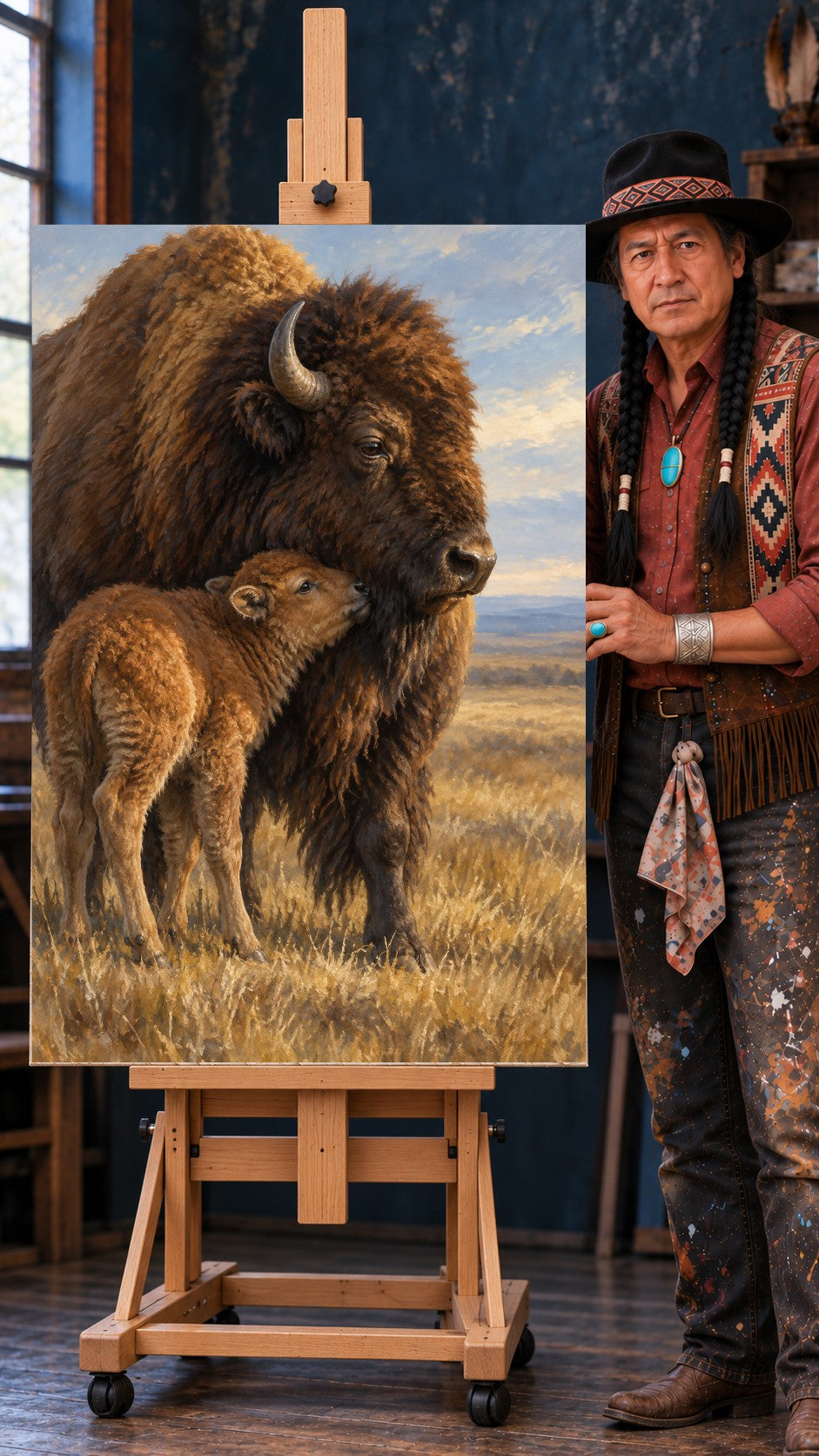 Large brown bison standing in golden grass with a small light brown calf nuzzling against its chest under a blue sky