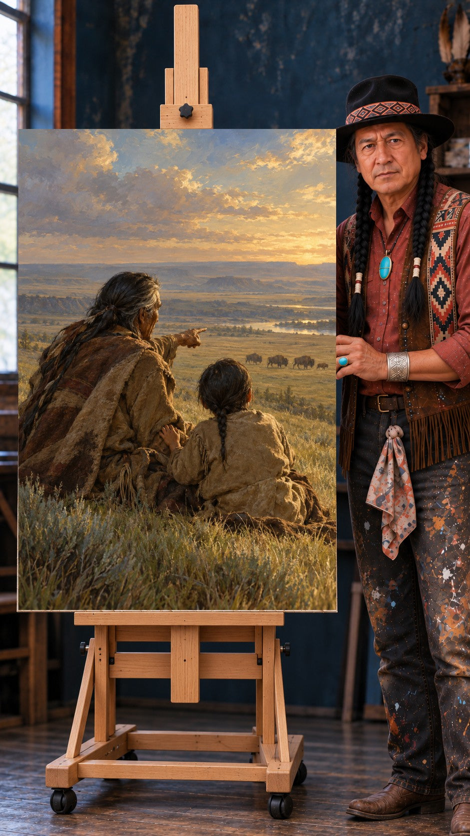 Elder with braided hair points toward grazing buffalo as a child sits close beside him under a golden sunset sky.