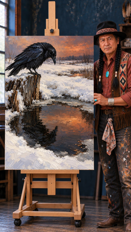 A black raven perched on a snowy wooden stump, looking down at dark water that reflects an orange sunset sky.