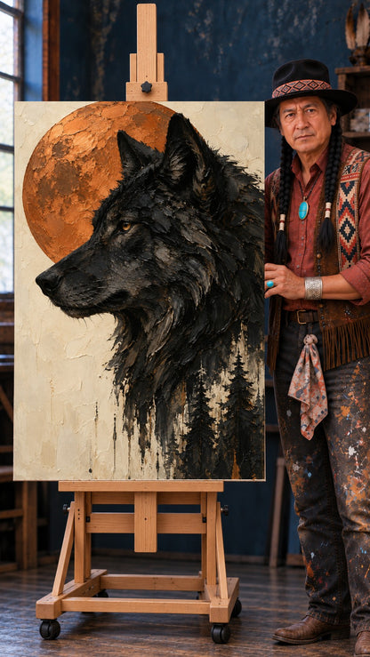 Black wolf profile with an amber eye, a textured orange moon behind, and pine tree shapes in its lower black fur.