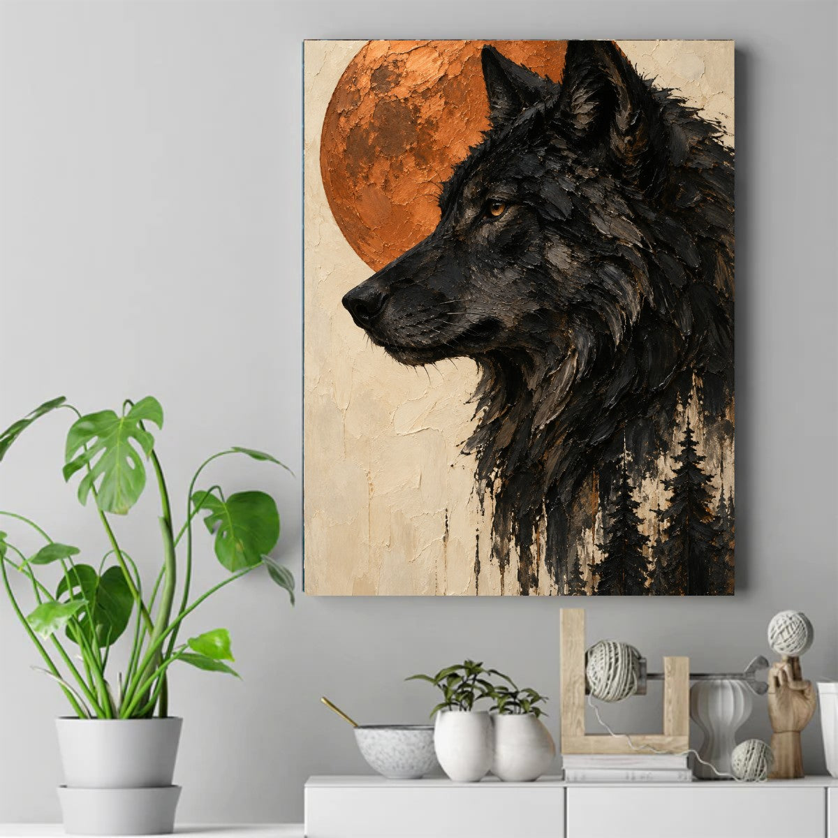 Black wolf profile with an amber eye, a textured orange moon behind, and pine tree shapes in its lower black fur. – ảnh 2