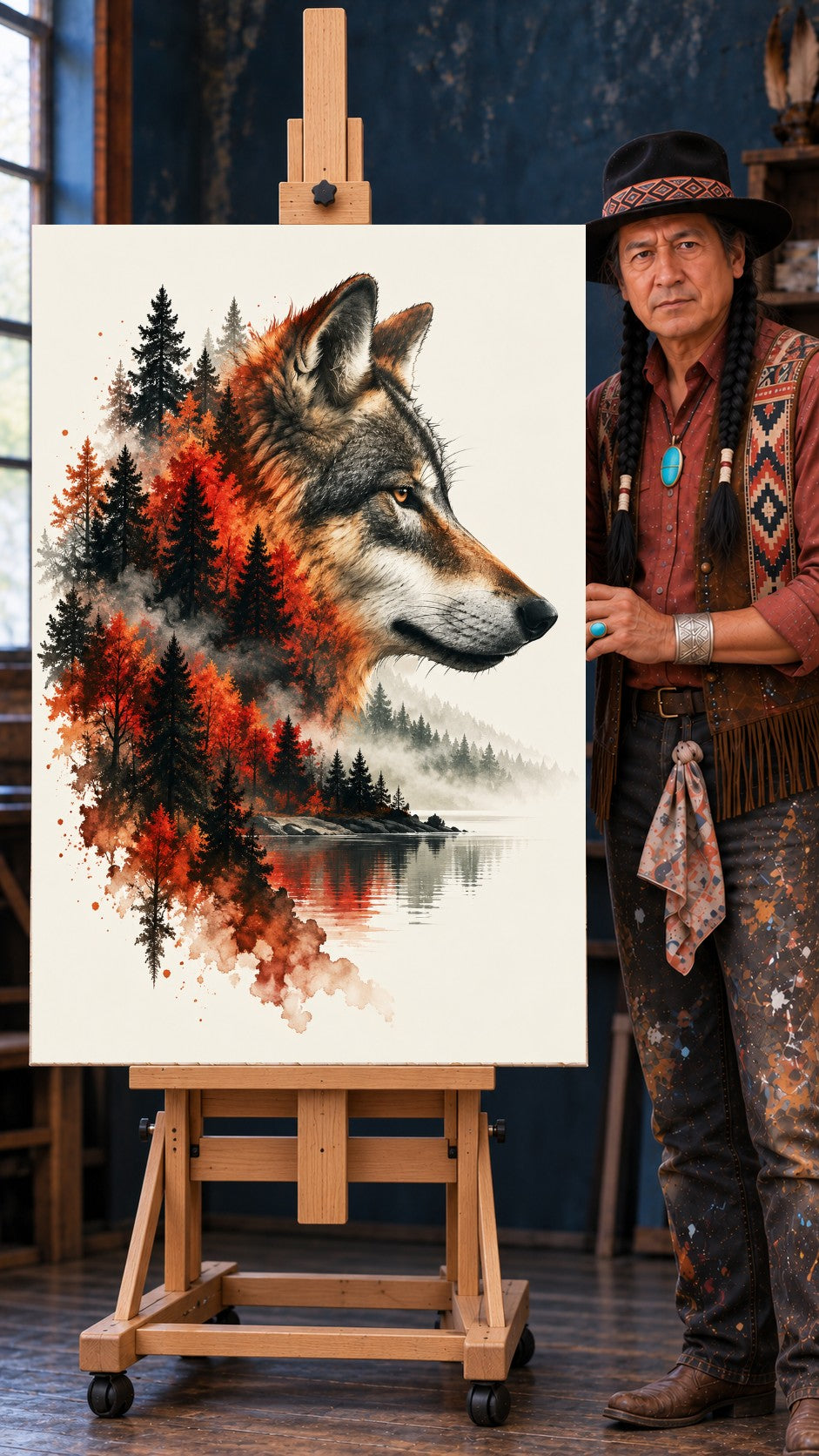 Watercolor wolf profile with autumn pine trees, a misty lake and red-orange reflections blending into its fur.