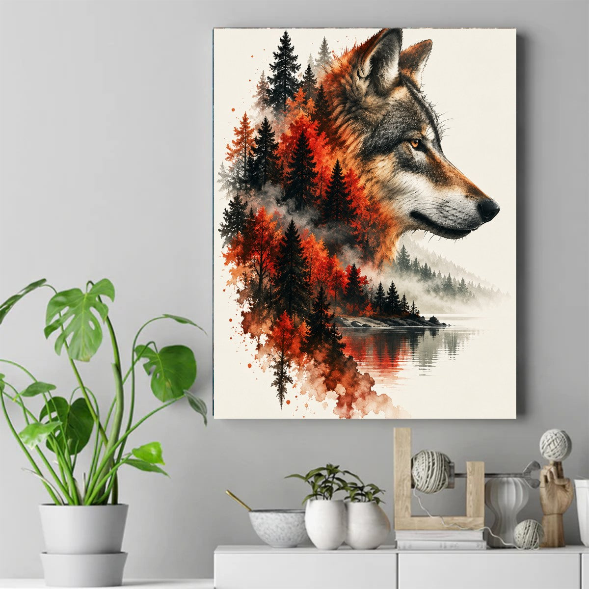 Watercolor wolf profile with autumn pine trees, a misty lake and red-orange reflections blending into its fur. – ảnh 2