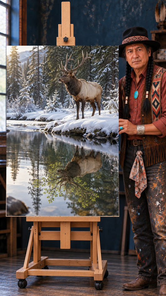 Bull elk with large antlers standing on a snowy riverbank, golden morning light, pine forest, and reflection in calm water.