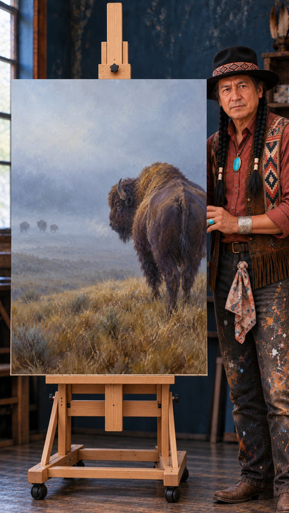 Painting of a lone bison in golden prairie grass with three bison in the misty background.