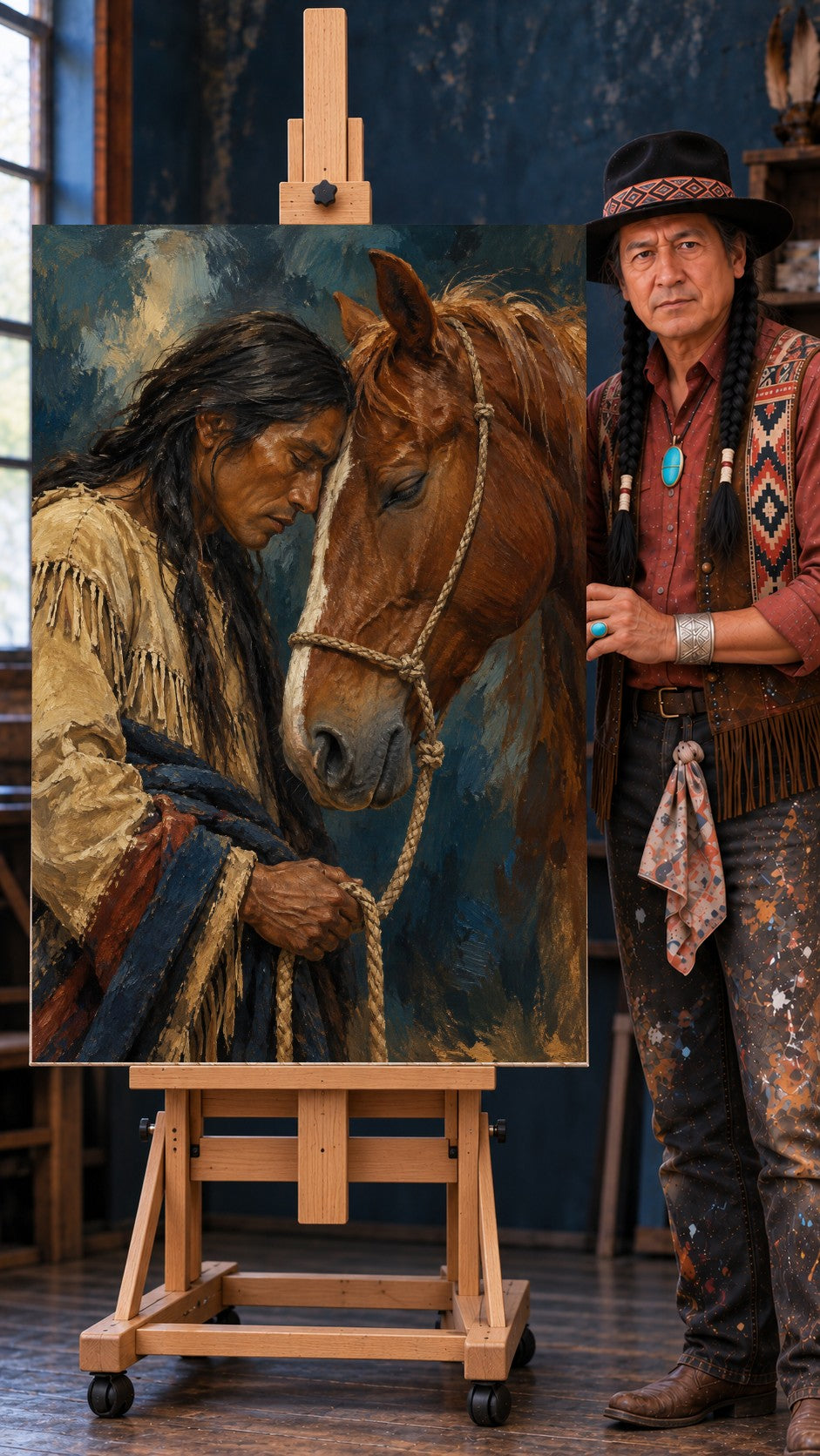 Native American man in fringed buckskin with eyes closed, forehead resting against his brown horse's head
