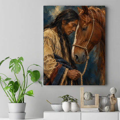 Native American man in fringed buckskin with eyes closed, forehead resting against his brown horse's head – ảnh 2