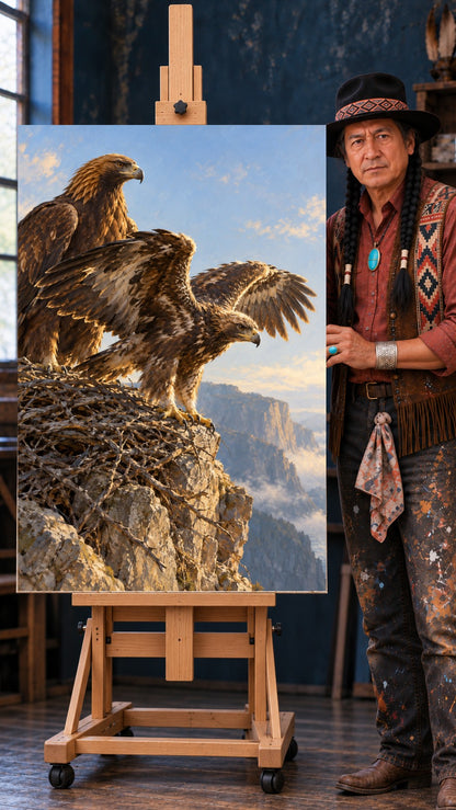 Two golden eagles on a stick nest atop a rocky cliff, one with wings spread wide, misty mountains behind