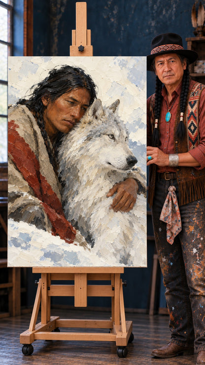 Native American man in a tan robe with a red stripe embracing a white wolf, painted in thick impressionist strokes.