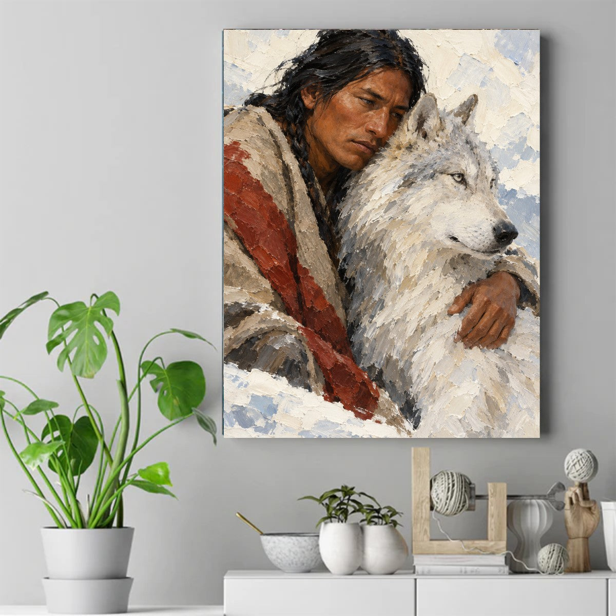 Native American man in a tan robe with a red stripe embracing a white wolf, painted in thick impressionist strokes. – ảnh 2