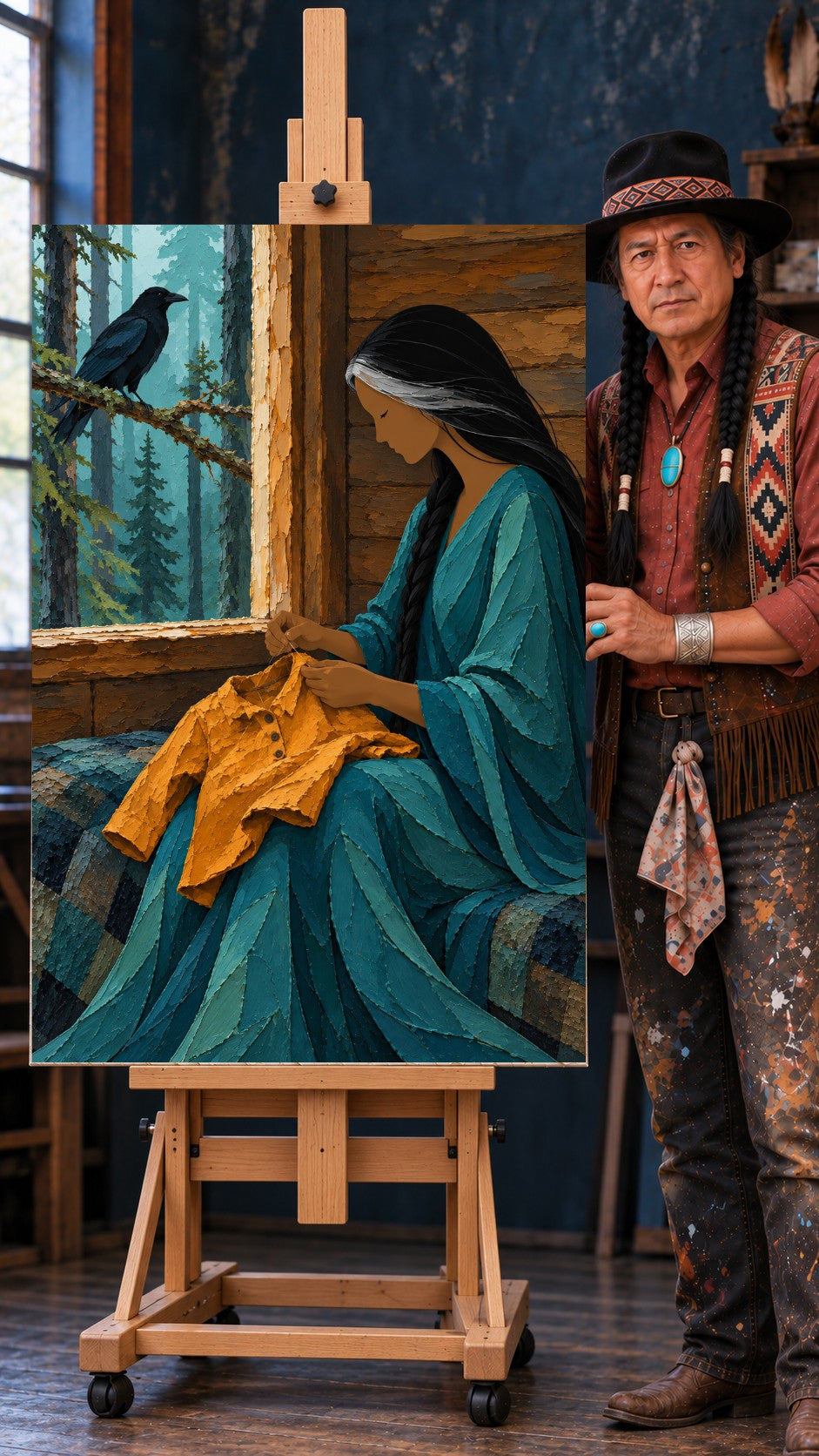 Woman sewing a small yellow shirt by a log cabin window while a black raven perches on a pine branch outside
