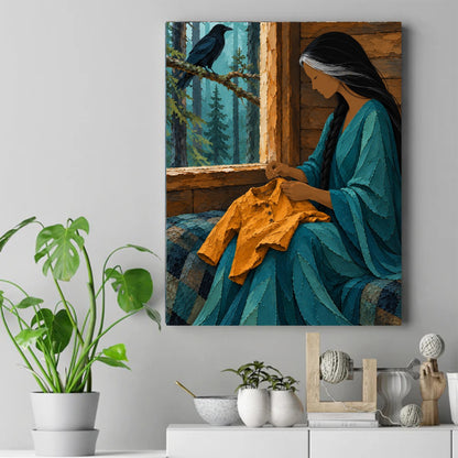 Woman sewing a small yellow shirt by a log cabin window while a black raven perches on a pine branch outside – ảnh 2