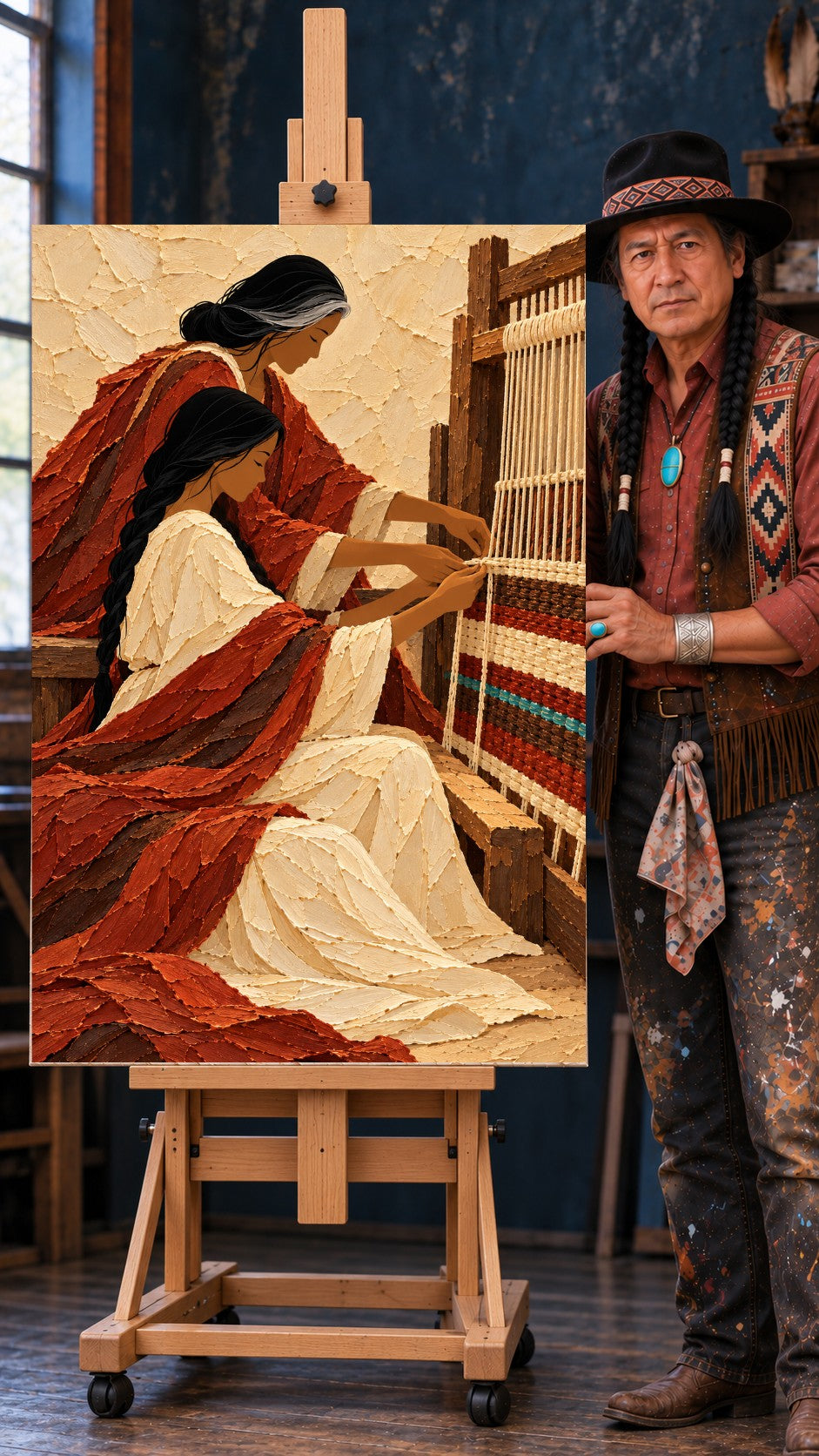 Older woman with gray hair gently guiding a younger woman's hands on a wooden loom with red, cream, and blue woven threads.