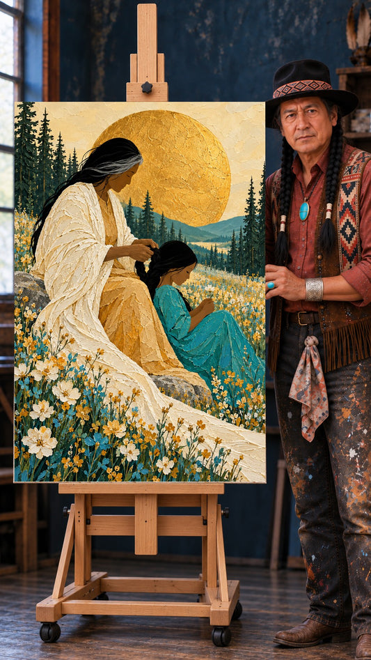 Older woman braiding a young girl's hair as they sit in a wildflower meadow under a large golden sun