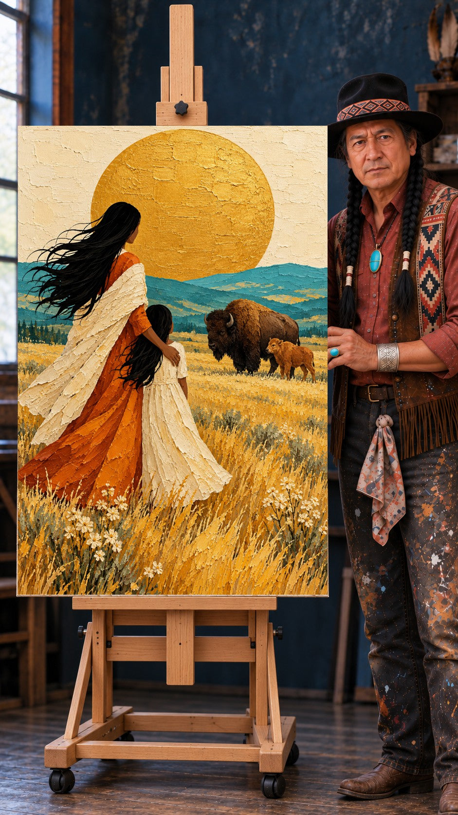 A Native mother with her arm around a girl in white, watching a bison and its calf in a golden field under a large sun.