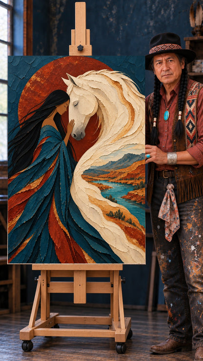 Woman touching foreheads with a white horse, whose flowing mane turns into a canyon and river landscape in teal and rust.
