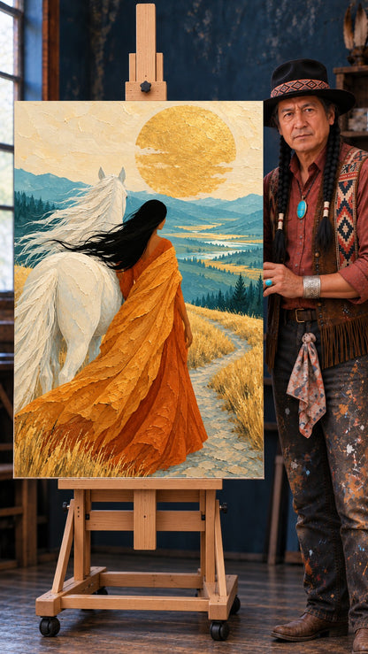 Woman in an orange dress beside a white horse, looking out over a green valley, a river and a large golden sun