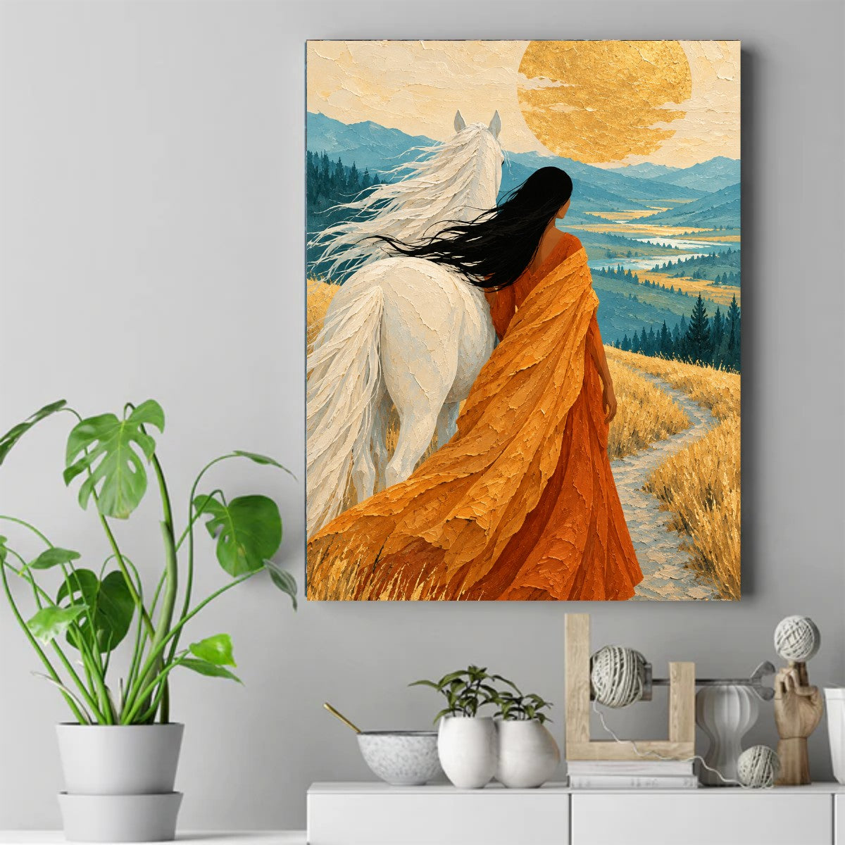 Woman in an orange dress beside a white horse, looking out over a green valley, a river and a large golden sun – ảnh 2