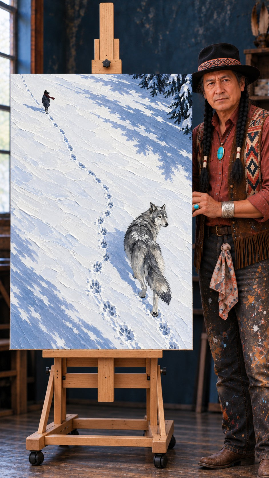 Wolf standing on snow looking back toward a person walking up a snowy slope, with tracks between them.