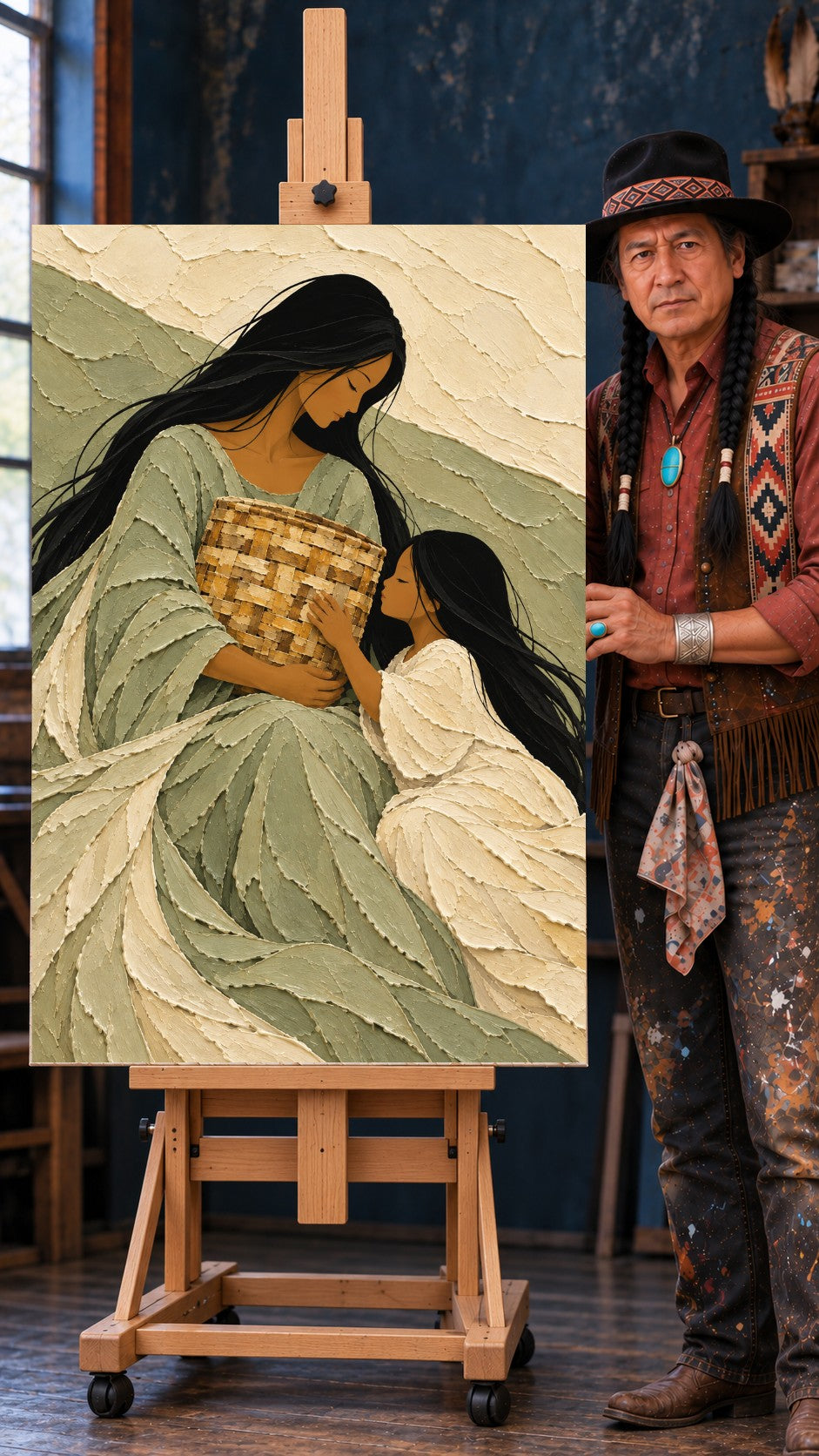 A mother and daughter in green and cream look down at a woven heirloom basket in a textured painting.