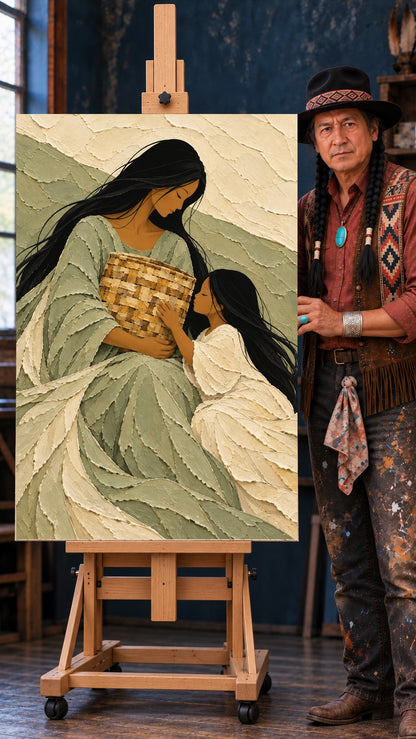 A mother and daughter in green and cream look down at a woven heirloom basket in a textured painting.
