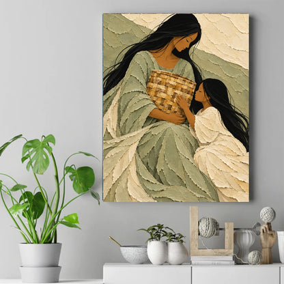 A mother and daughter in green and cream look down at a woven heirloom basket in a textured painting. – ảnh 2
