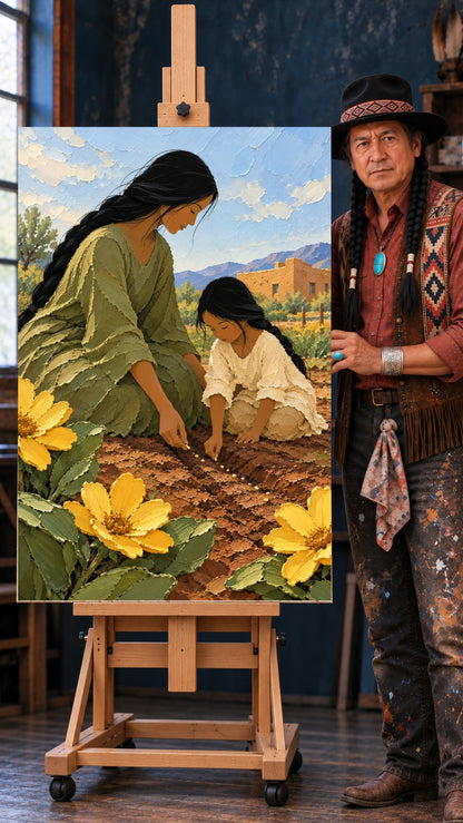 Native mother and daughter kneeling to plant seeds in soil, yellow flowers in front, adobe house and mountains behind