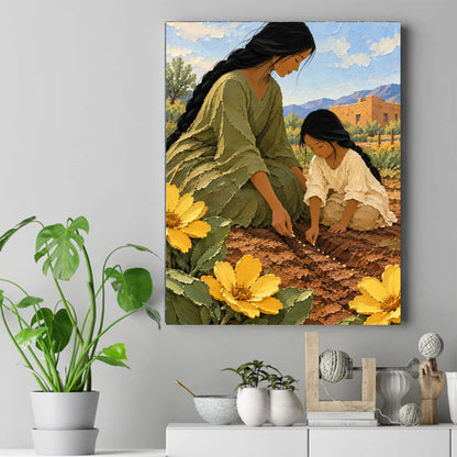 Native mother and daughter kneeling to plant seeds in soil, yellow flowers in front, adobe house and mountains behind – ảnh 2