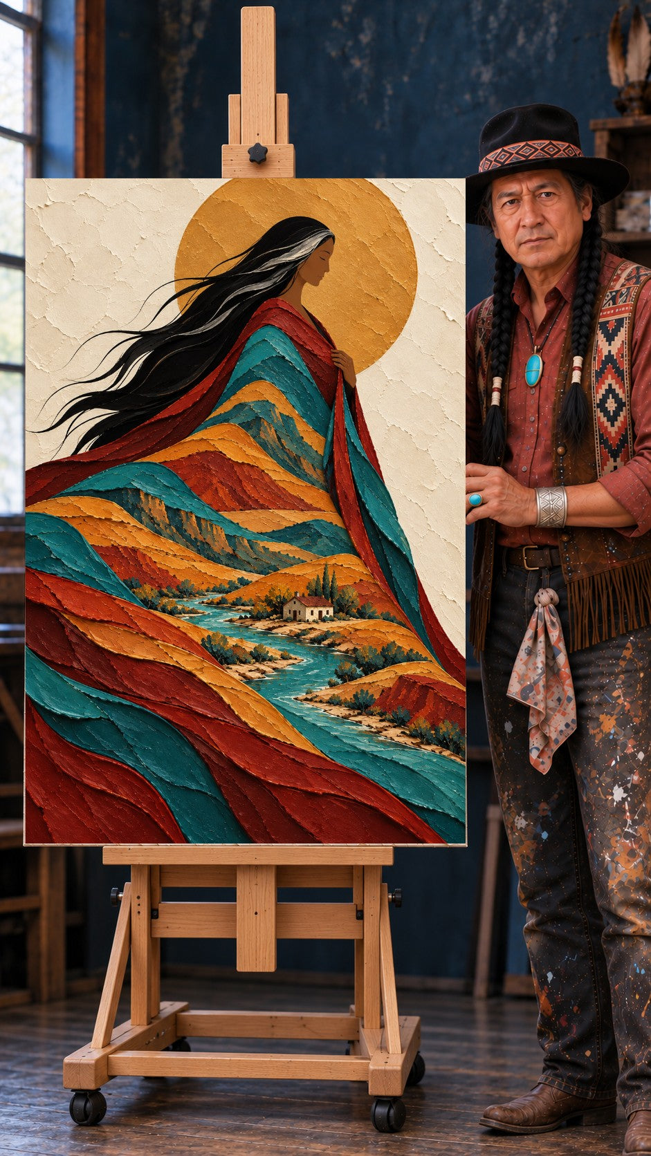 Native grandmother in profile, her long hair flowing into rust and teal mountains above a jade-blue river and a small house.