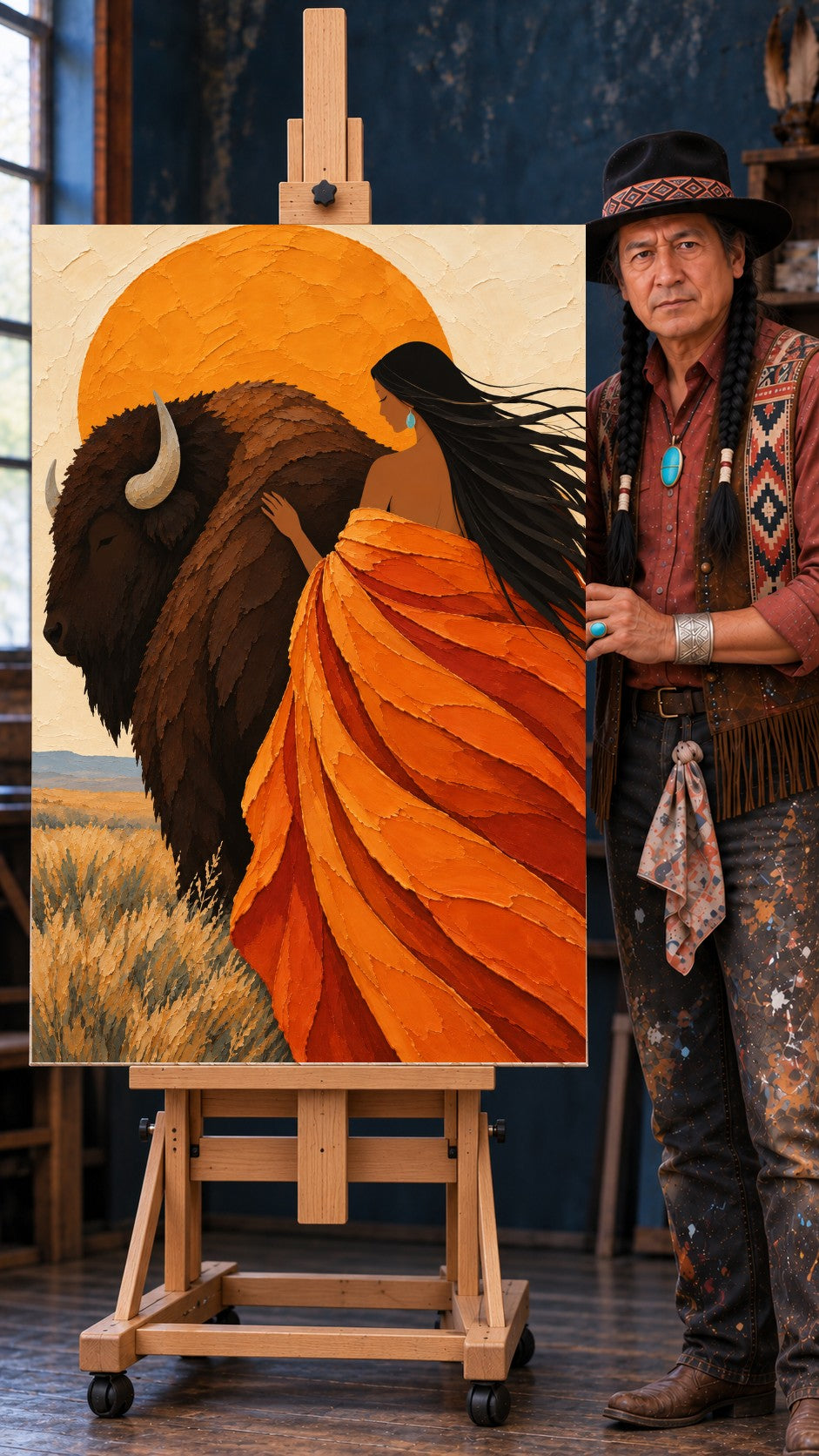 Native woman in an orange shawl resting her hand on a bison's back in front of a large orange sun and dry grass field.