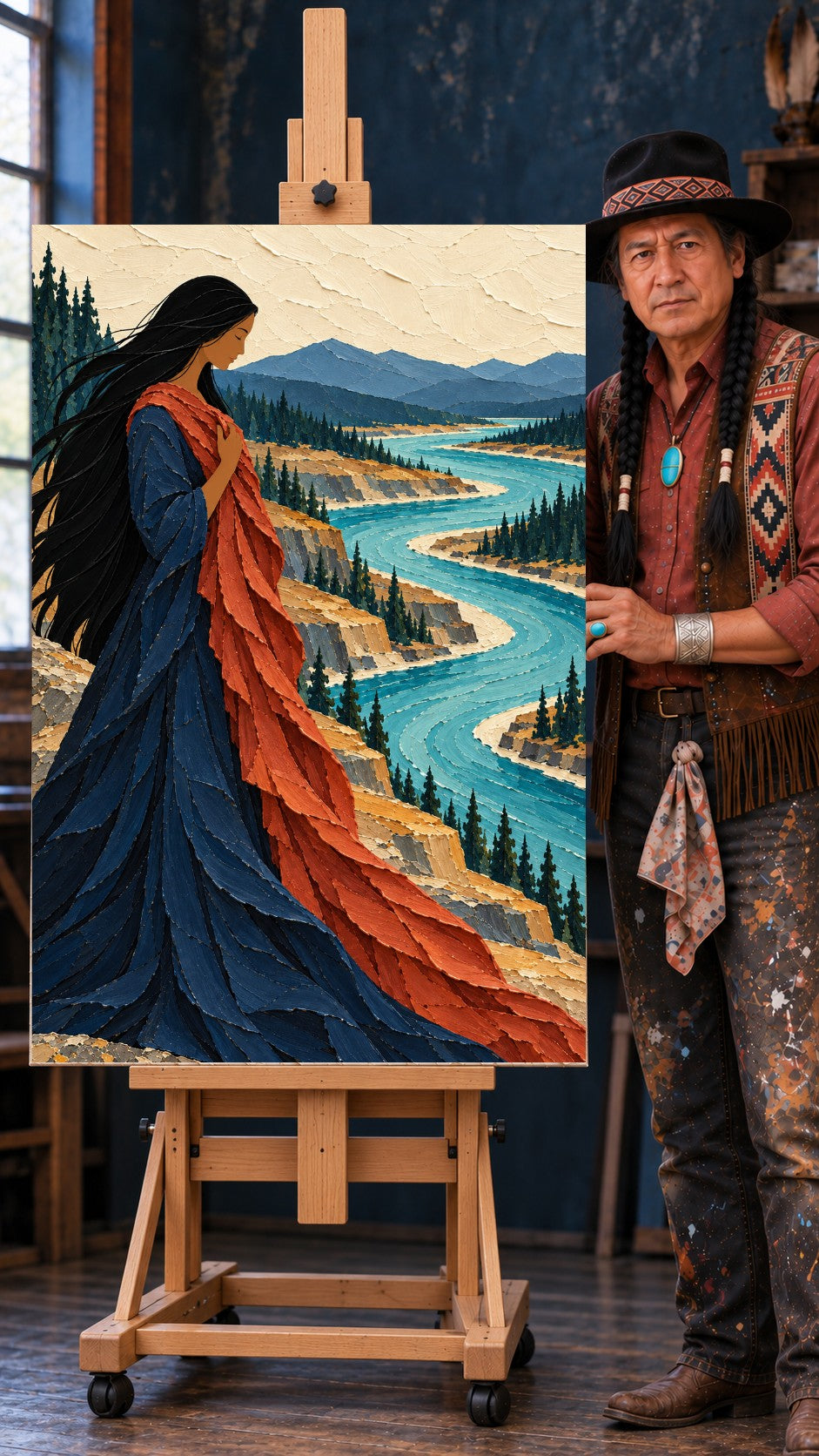 Native woman in a blue dress holding an orange shawl by a winding turquoise river with mountains and pine trees.