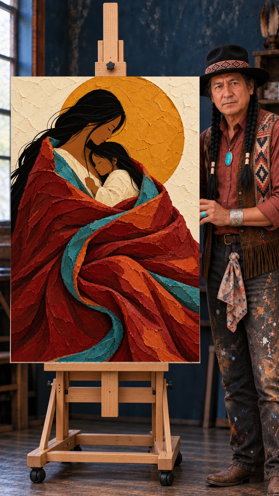 Mother and child with eyes closed, wrapped in a red blanket with blue stripe, gold circle behind.