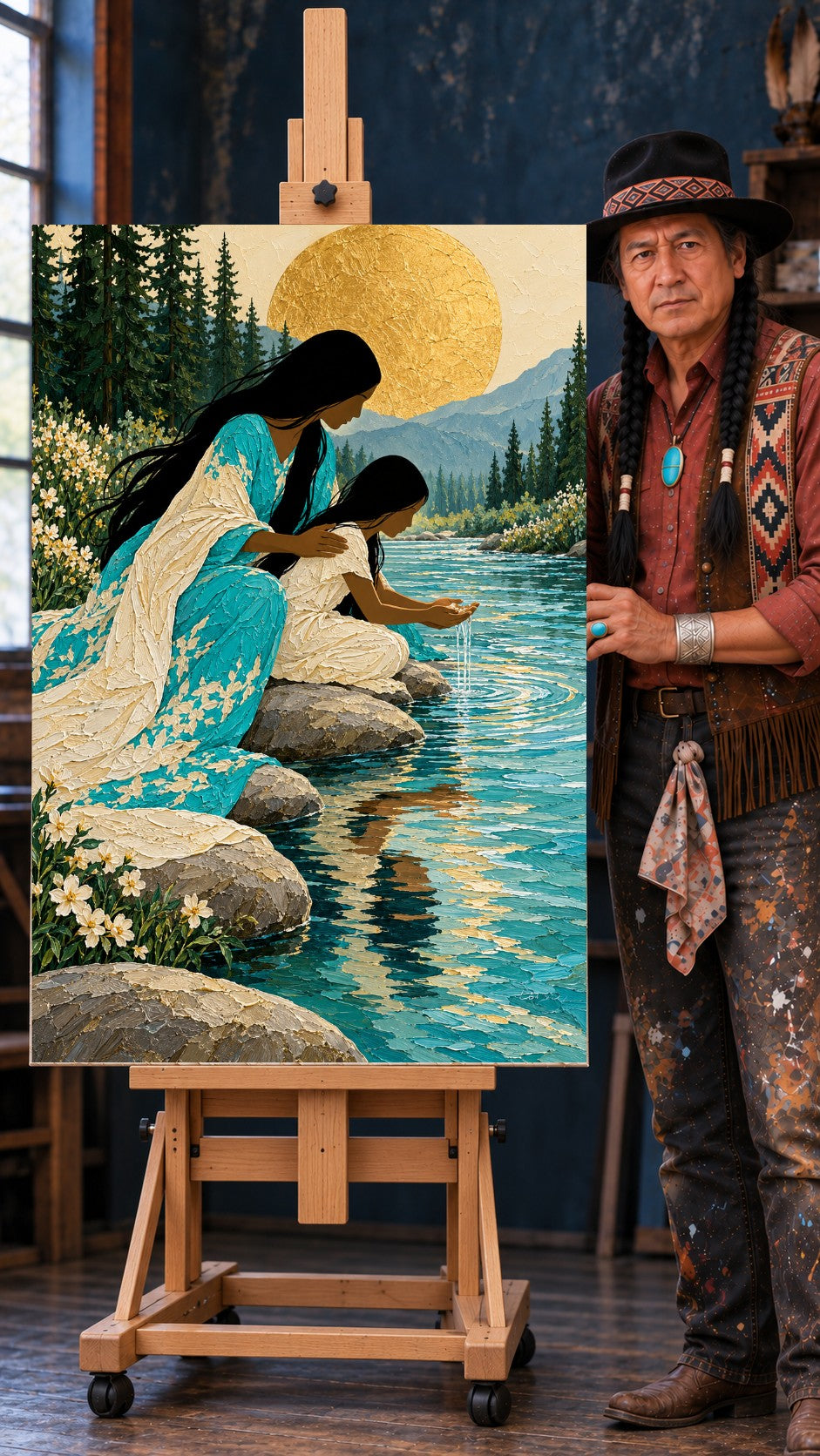 Painting of Native American woman and girl sitting by a river, girl touching water, golden moon behind them.