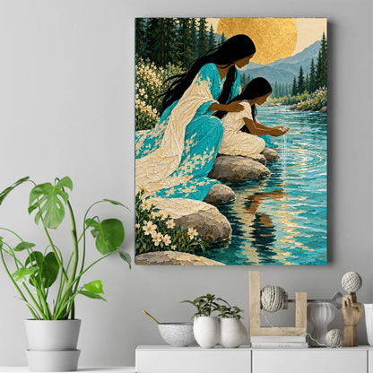 Painting of Native American woman and girl sitting by a river, girl touching water, golden moon behind them. – ảnh 2