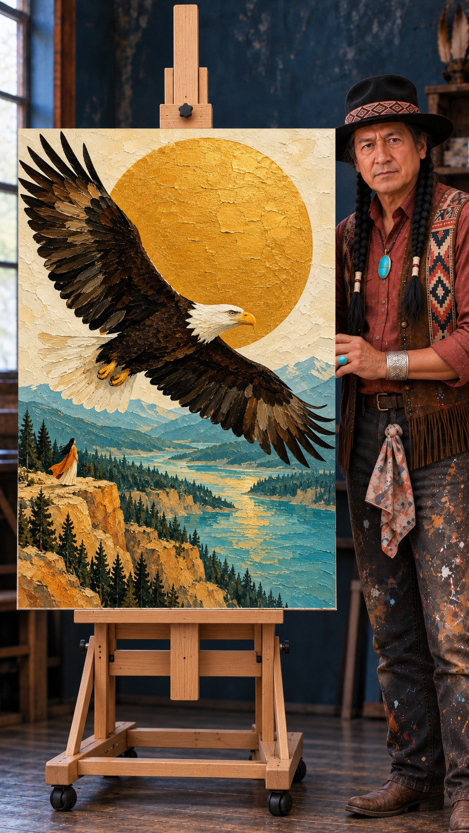 Bald eagle with spread wings flying over a golden valley, blue mountains and a river, with a woman on a cliff below.