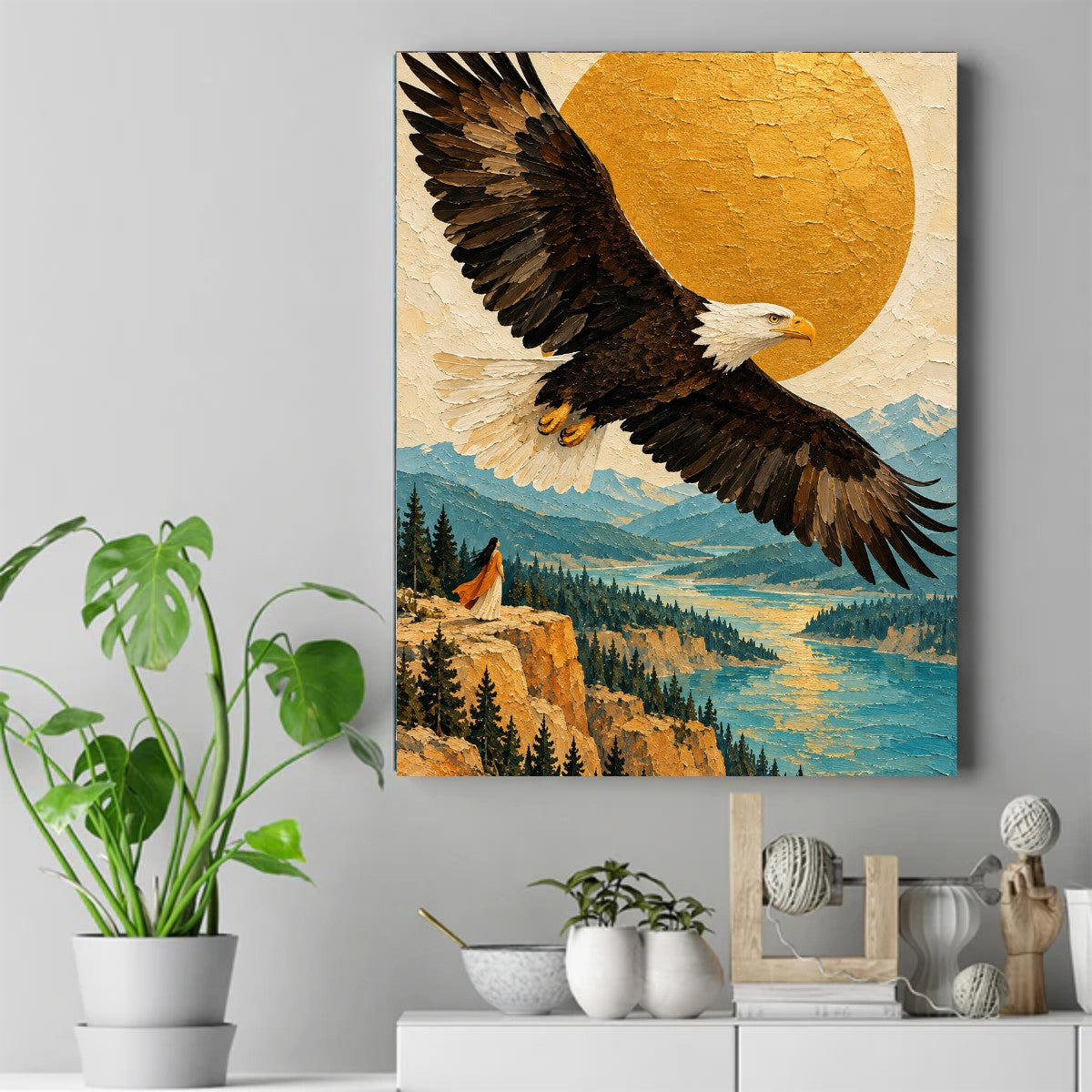 Bald eagle with spread wings flying over a golden valley, blue mountains and a river, with a woman on a cliff below. – ảnh 2