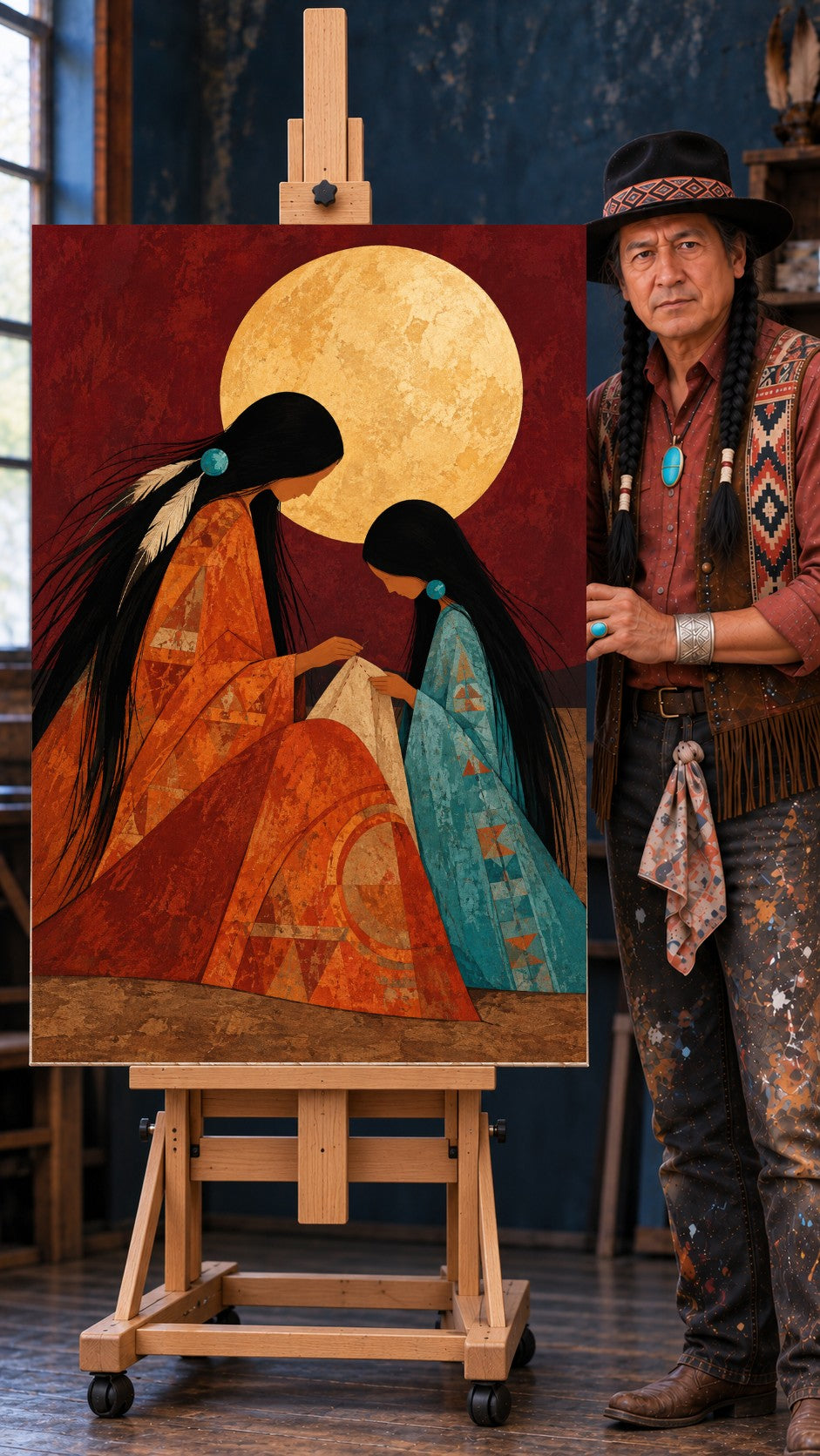 Native American mother and daughter sewing white cloth under a full moon, in orange and blue dresses with turquoise beads.